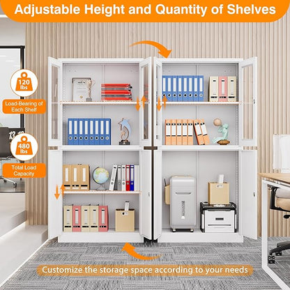 Metal Storage Cabinet with Glass Doors, Lockable Office Cabinet, Tall Steel Locker with Adjustable Shelves for Home Office,School, Kitchen and Hospital (White)