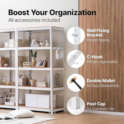 HOMEDANT House 5 Tier Heavy Duty Garage Shelving Adjustable Metal Rack Storage Shelves Standing Shelf Unit Organizers Pantry Closet Office (2, White, (Wheels) 24.4" W x 16.2" D)