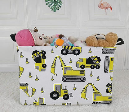 KUNRO Rectangle Yellow Storage Basket Gift Shelf Basket Storage Bin, Nursery Basket Organizer Box for With Handles for Room Deco (Excavator)