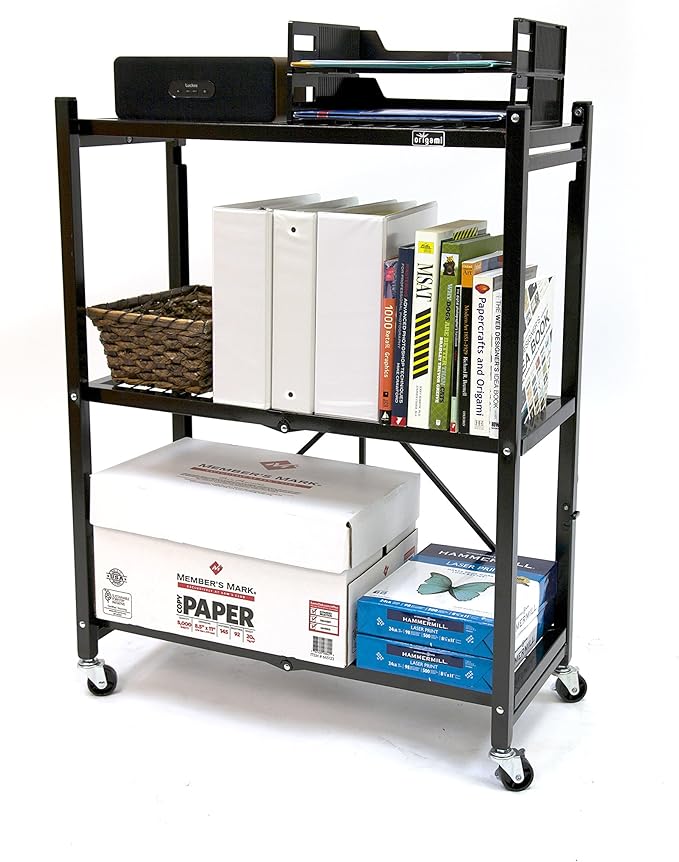Origami 2 Pack 3 Tier Folding Shelves, Storage Shelving Rack Unit with Wheels, Pewter