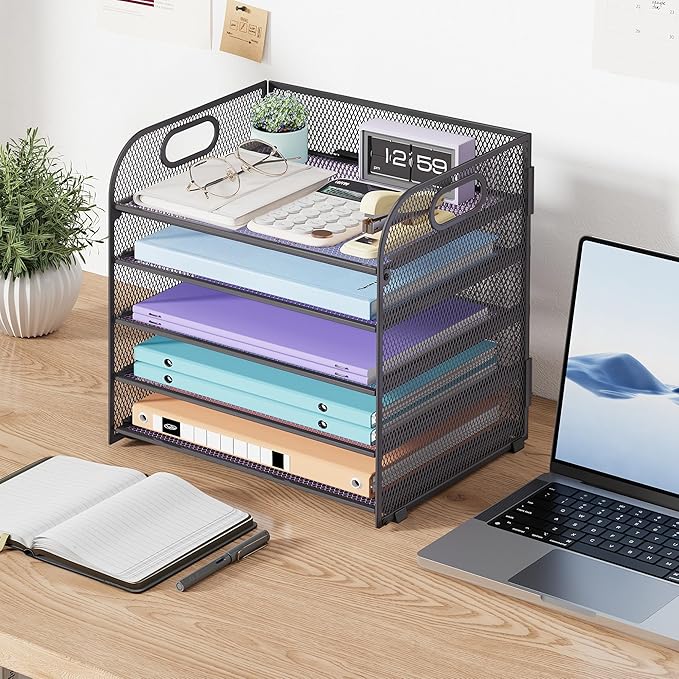 2 Pack 5 Tier Paper Organizer, Letter Tray with Handle, Mesh Desk Organizer, Metal File Organizer, Office Desk Accessories for Home, Office, Classroom, School -Grey