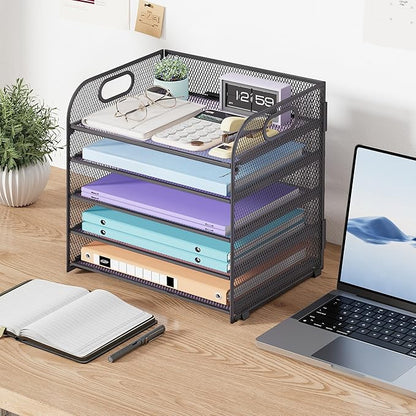2 Pack 5 Tier Paper Organizer, Letter Tray with Handle, Mesh Desk Organizer, Metal File Organizer, Office Desk Accessories for Home, Office, Classroom, School -Grey