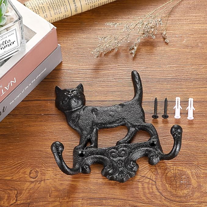 OwnMy Cast Iron Decorative Wall Coat Hook Cat Key Holder, Vintage Dog Leashes Holder Key Hooks for Walls, Heavy Duty Indoor Outdoor Double Wall Hooks for Hanging Towels, Hats, Potted Plants, Tools