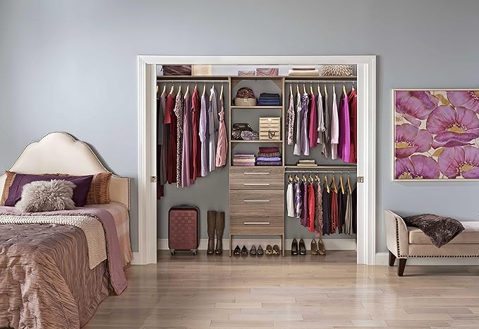 ClosetMaid SuiteSymphony Wood Closet Organizer Kit with Tower, 3 Hang Rods, Top Shelves, 4 Drawers, Modern Adjustable, Fits Spaces 6-10 ft. Wide, Natural Grey