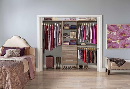 ClosetMaid SuiteSymphony Wood Closet Organizer Kit with Tower, 3 Hang Rods, Top Shelves, 4 Drawers, Modern Adjustable, Fits Spaces 6-10 ft. Wide, Natural Grey