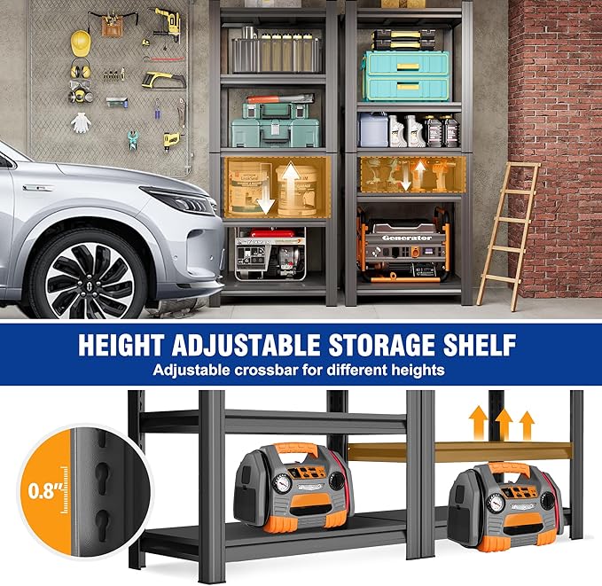 Metal Garage Shelving Unit，Adjustable Metal Rack with 5 Heavy-Duty Units, Suitable for Home Garages, Kitchens, Pantry, and Bookshelves (63" H x 23.6" W x 13.8" D)
