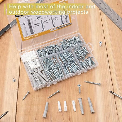 High Hardness Wood Screws Assortment Kit and Plastic Wall Anchors, 203 pcs 1/2" to 1-1/2" Phillips Drive Flat Head Screws & 30 pcs M6 Drywall Anchors