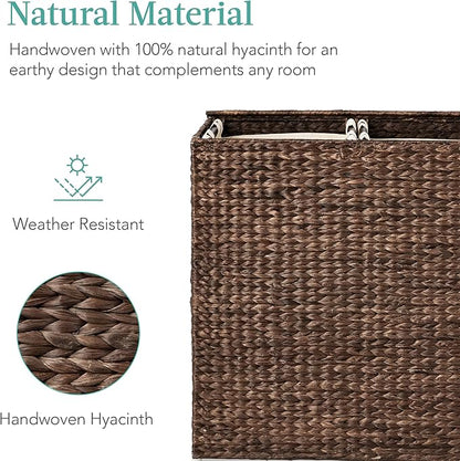 Best Choice Products Large Double Laundry Hamper with Lid, Natural Handwoven Water Hyacinth, 2 Sections w/ 2 Machine Washable Linen Liner Bags, Portable, Handles - Espresso