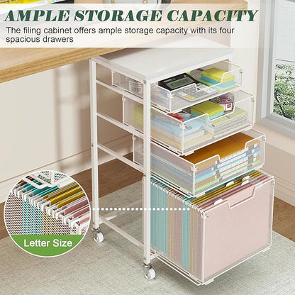 4 Drawer Rolling File Cart with Wheels, Mobile Filing Cabinet for Home Office, Hanging File Organizer, Under Desk Storage, Multifunctional Utility Cart Printer Stand, White