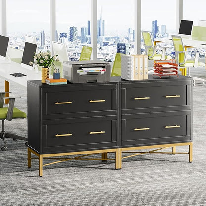 Tribesigns 2 Drawer File Cabinet, Modern Wood Lateral Filing Cabinet for Letter/Legal/A4 Size, Large File Storage Cabinets Printer Stand with Storage for Home Office, Black and Gold
