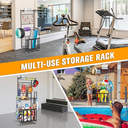PLKOW Sports Equipment Storage for Garage, Indoor/Outdoor Sports Rack for Garage, Ball Storage Garage Organizer with Basket and Hooks,Toy/Sports Gear Storage