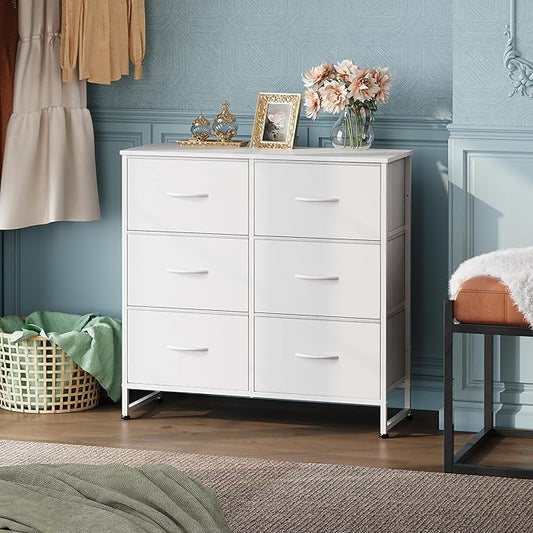 WLIVE White Dresser for Bedroom, 6 Drawer Double Dresser, Fabric Closet Dresser with Fabric Bins, Chest of Drawers for Closet, Living Room, Hallway