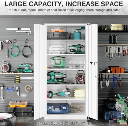 White Metal Storage Cabinet with 2 Doors and 6 Shelves,71" Tall Metal Cabinet with Lock,Lockable Garage Storage Cabinets,Locking File Cabinet,Steel Tool Cabinets for Home,Office,Garage,Shop