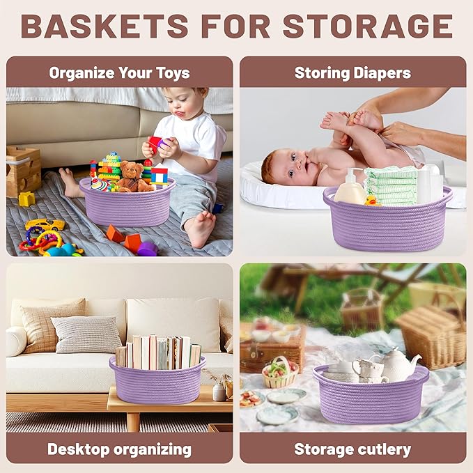 Small Woven Purple Gifts Basket for Storage Empty with Ribbons and Bags Durable Cute Gifts 12"X 8" X 5" Small Rope Basket for Gifting