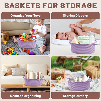 Small Woven Purple Gifts Basket for Storage Empty with Ribbons and Bags Durable Cute Gifts 12"X 8" X 5" Small Rope Basket for Gifting