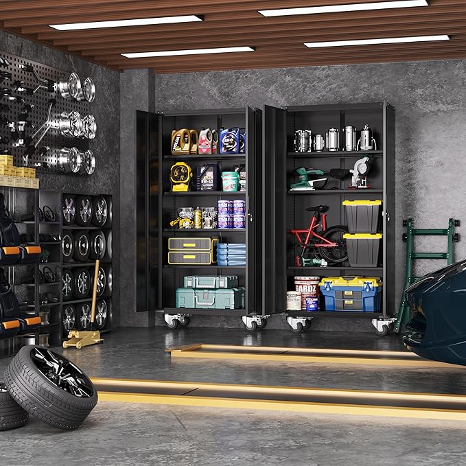 Greenvelly Metal Storage Cabinet with Wheel,Lockable 74" Black Metal Garage Cabinets with 2 Doors and 4 Adjustable Shelves, Rolling Steel Tool Cabinet for Garage, Home Office, School