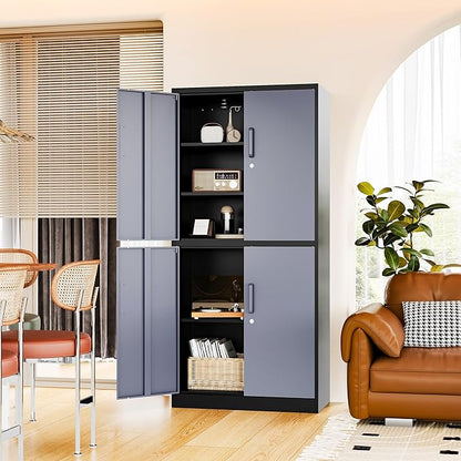 71” Metal Storage Cabinet-Lockable File Garage Tool Cabinets with Doors and Shelves- Gray&Black Steel Cabinet for Garage-Heavy Duty File Storage for Home, Office, Gym, Kitchen, School