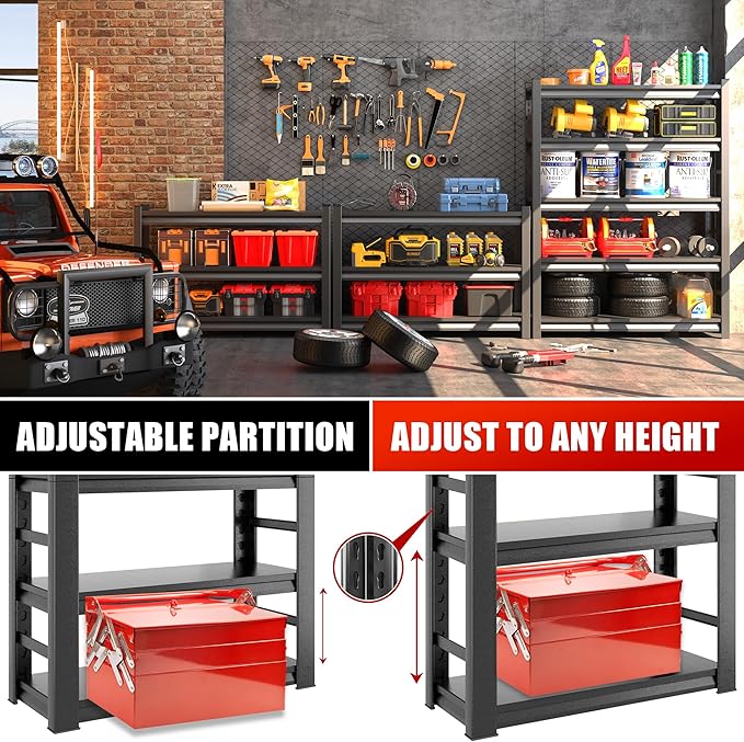 Garage Storage Shelves, 72" H Storage Shelves, Adjustable Steel Storage Rack, 5 Tier Shelving Unit, Black, Garage, Basement, Kitchen, Living Room Storage, 72" Hx35.4 Wx15.8 D