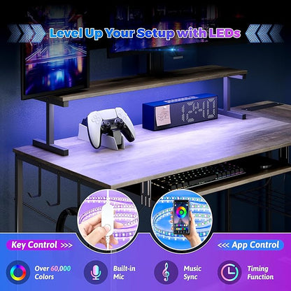 Computer Desk, L Shaped Gaming Desk with Monitor Stand & Storage Shelf & LED Light & USB Power Outlet, Reversible Shelves Corner Table with Keyboard Tray for Gaming, Home Office, Study
