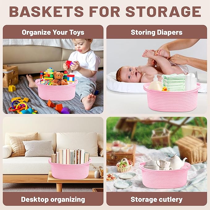 Small Woven Pink Gifts Basket for Storage Empty with Ribbons and Bags Durable Cute Gifts 12"X 8" X 5" Small Rope Basket for Gifting