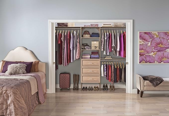 ClosetMaid SuiteSymphony Wood Closet Organizer Kit with Tower, 3 Hang Rods, Top Shelves, 3 Drawers, Adjustable, Fits Spaces 6-10 ft. Wide, Natural Gray