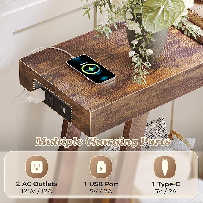 Huuger Console Table with Charging Station, USB-C Port, 2 Tiers Entryway Table, 47.2 Inch Sofa Table with Metal Legs, Entry Hallway Table with Thicker Desktop, Behind Couch Table, Rustic Brown