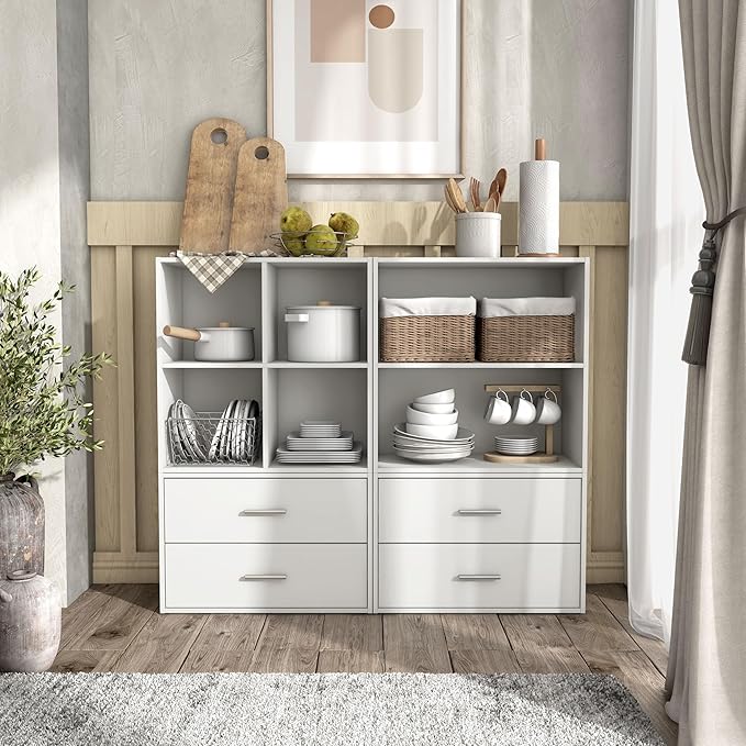 Homes: Inside + Out Apexa 2-Tier Cube Storage Organizer Shelves, Stackable Wood Bookcase Fits Cubby Bins for Organization, Dorm Teen Room Decor & Home Office, White