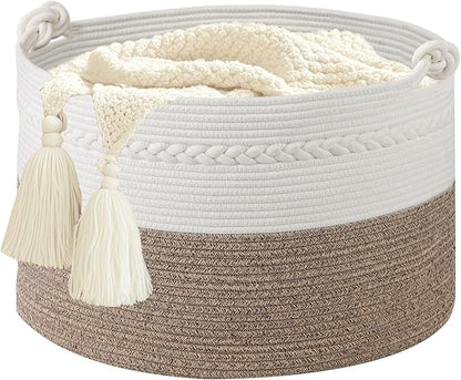 Laundry Basket,20''x13''Woven Cotton Rope Laundry Hamper,Blanket Basket for Living Room;Toy storage;Woven basket;Nursery Storage Bin,Nursery hamper,Boho Room Decor (White+Brown)