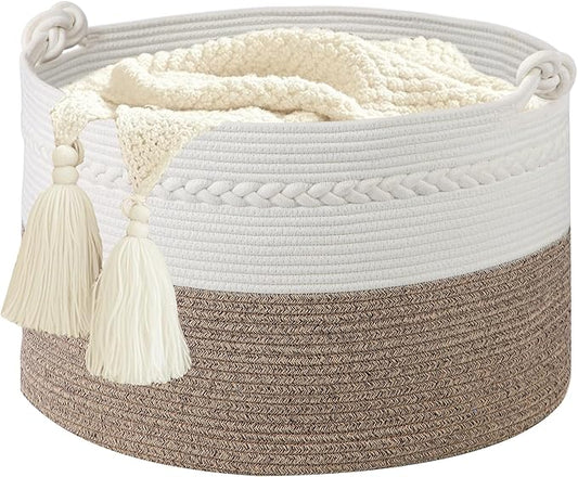 Laundry Basket,20''x13''Woven Cotton Rope Laundry Hamper,Blanket Basket for Living Room;Toy storage;Woven basket;Nursery Storage Bin,Nursery hamper,Boho Room Decor (White+Brown)