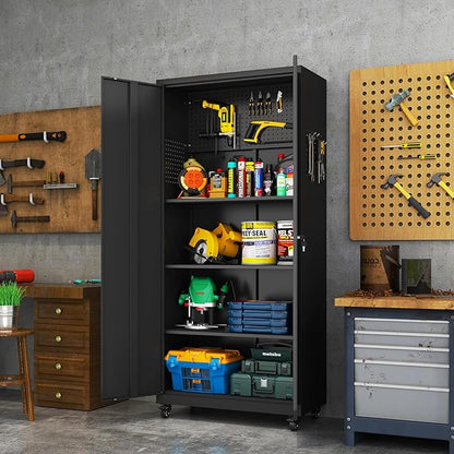 Metal Garage Storage Cabinet with Wheels,71" Tool Storage Cabinet with Adjustable Shelves,Lockable Storage Cabinets with Pegboards for Warehouse,Workshop,Garage,Basement,Utility Room(Black