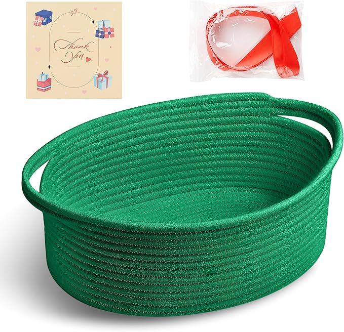 Small Woven Green Gifts Basket for Storage Empty with Ribbons and Bags Durable Cute Gifts 12"X 8" X 5" Small Rope Basket for Gifting