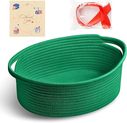 Small Woven Green Gifts Basket for Storage Empty with Ribbons and Bags Durable Cute Gifts 12"X 8" X 5" Small Rope Basket for Gifting