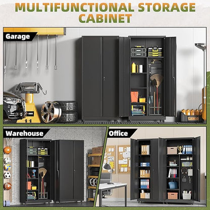 Metal Garage Storage Cabinet with Wheels, Locking Broom Closet Storage Cabinet with Adjustable Shelves, 71" H Tool Cabinet for Utility Room, Workshop, Warehouse