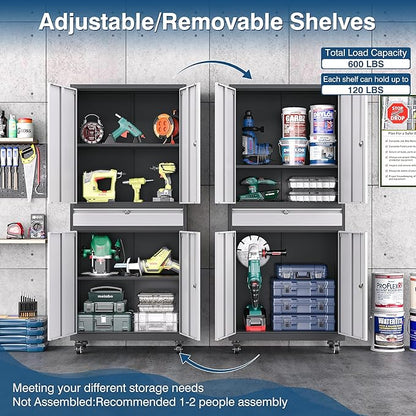 Metal Storage Cabinet with Wheels, 73" Tall Garage Rolling Storage Cabinets with Doors and Shelves, Lockable Tool Caninet Steel Locking Cabnets for Home Office, Garage, Pantry