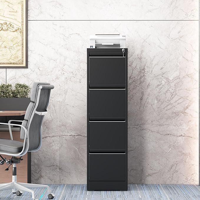 File Cabinet, 4 Drawer File Cabinet with Lock, Steel Vertical Filing Cabinets for Home Office, Heavy Duty File Storage Cabinet for Legal/Letter/A4 Documents, Easy to Assemble, Black