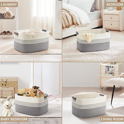 60L Large Laundry Basket with Leather Handles for Living Room Storage, Woven Rope Baskets Bin for Blanket, Kids Toy, Gifts, Wicker Hamper for Bedroom Dirty Clothes, 21"x15"x11" White Grey