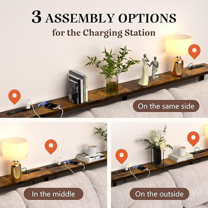 GRLEAF 90" Sofa Table with Built-in Power Strip (4 AC Outlets & 4 USB Ports) – 4.9ft Power Cord, Metal Frame, Easy Assembly, Long Couch Table Behind Sofa, Living Room and Home Office | Rustic Brown