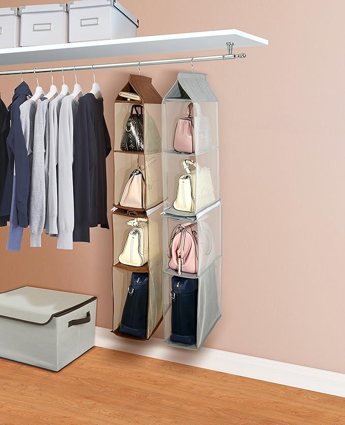 Detachable 4 Compartment Pouch Hanging Handbag Organizer Clear Purse Bag Storage Holder Wardrobe Closet Space Saving Organizers System for Living Room Bedroom(Pack of 2 Beige)