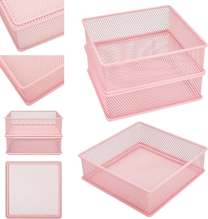 Annova Mesh Stackable Drawer Cabinet and Shelf Organizer Bins Storage Basket School Office Supply Holder Tray- Set of 2 (Light Pink, 6x6x2 Inch)