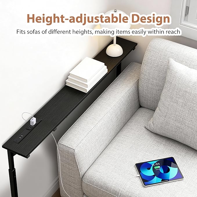 GRLEAF 35" Adjustable Height Narrow Console Table with Power Outlets, Long Sofa Table with Charging Station Behind Couch Table Skinny Entryway Table for Living Room, Hallway and Office – Black