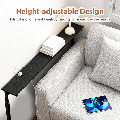 GRLEAF 35" Adjustable Height Narrow Console Table with Power Outlets, Long Sofa Table with Charging Station Behind Couch Table Skinny Entryway Table for Living Room, Hallway and Office – Black