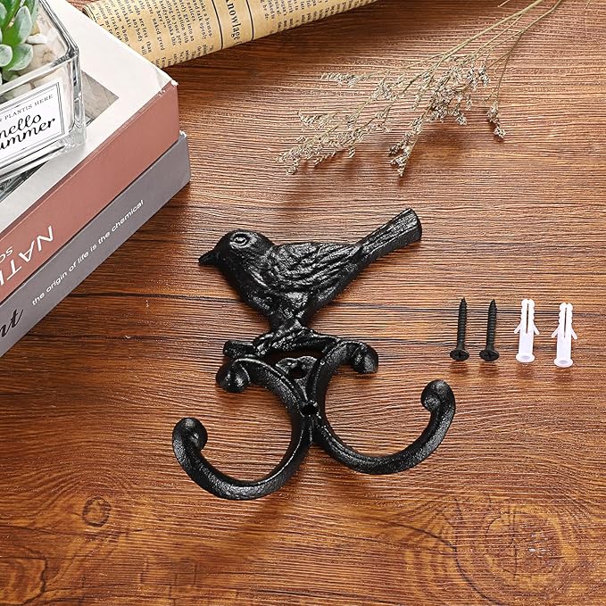 OwnMy Cast Iron Bird Coat Hooks Decorative Wall Hook, Vintage Dog Leash Holder Farmhouse Key Holder for Wall, Heavy Duty Indoor Outdoor Double Wall Hooks for Hanging Towels, Hats, Potted Plants, Tools