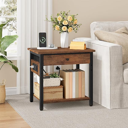 Printer Stand with Charging Station, 2-Tier Under Desk Printer Table, Side Table with Storage Shelves for Home Office, Living Room, Bedroom, Bathroom, Brown