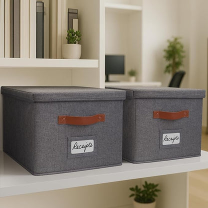 ZICOTO Decorative File Organizer Box Set of 2 - Collapsible Linen Filing Cabinets w/Handles Are Perfect to Store all Your Documents & Hanging File Folders - Portable Easy Slide Crates with Lid