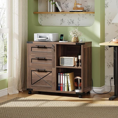 DEVAISE Wood File Cabinet with Charging Station, Mobile Lateral Filing Cabinet with Lock for Home Office, Printer Stand with Open Storage Shelves, Dark Brown