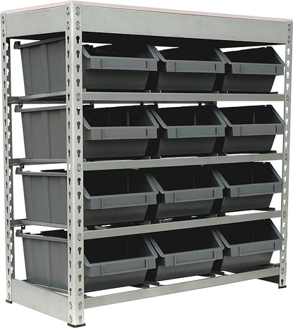 King's Rack Bin Rack Boltless Steel Storage System Organizer w/ 12 Plastic Bins in 4 tiers