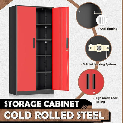 INTERGRAET Metal Storage Cabinet with Adjustable Shelves, Garage Storage Cabinets with Doors and Shelves, File Cabinets for Home Office, Kitchen Pantry Cabinet, 72''H, Black Red