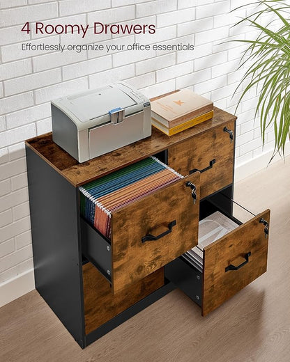 VASAGLE 4 Drawer File Cabinet with Lock, Printer Stand, Office Filing Cabinet Organizer, for A4 and Letter Size Documents, Rustic Brown and Black UOFC062B01