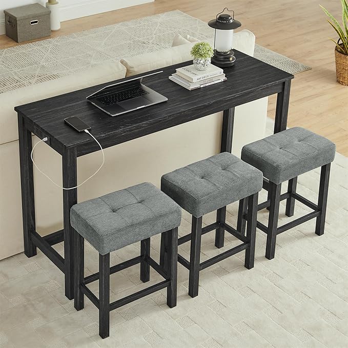 59" Power Outlet Mid Century Console Table, Slim Console Table with Solid Wood Frame, Long Narrow Console Tables for Living Room & Kitchen, Black