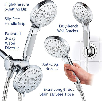AquaSpa High Pressure 48-mode Luxury 3-way Combo – Dual Rain & Handheld Shower Head – Extra Long 6 Foot Stainless Steel Hose – Anti Slip Grip – All Chrome Finish – Extra Wall Bracket